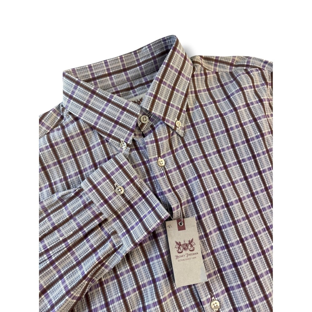 Hickey Freeman Button Down Shirt Mens L Purple Brown Plaid Cotton Stretch NWT